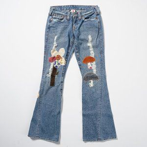 Vintage Patchwork Flare Jeans / True Religion Embroidered, Distressed Pants